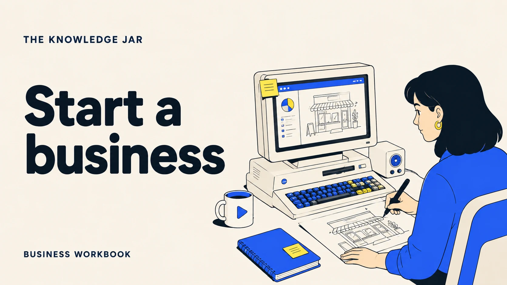 Start a business: illustrated retro-tech creator workspace