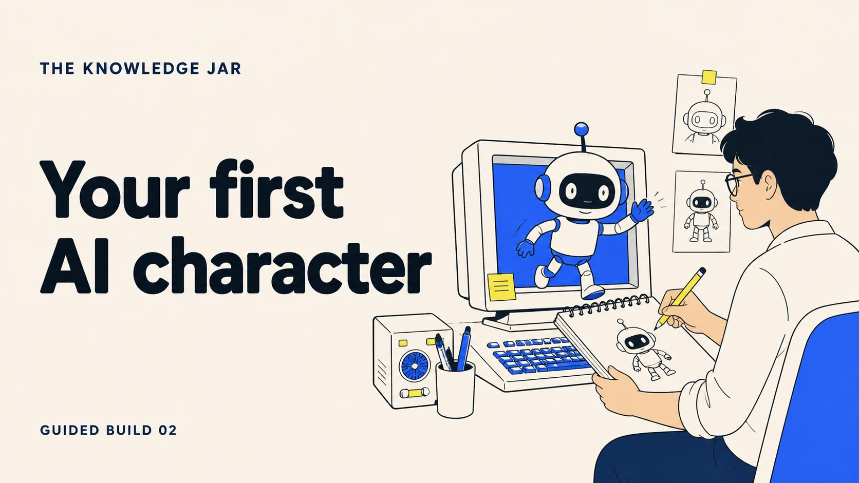 Your first AI character: illustrated retro-tech creator workspace