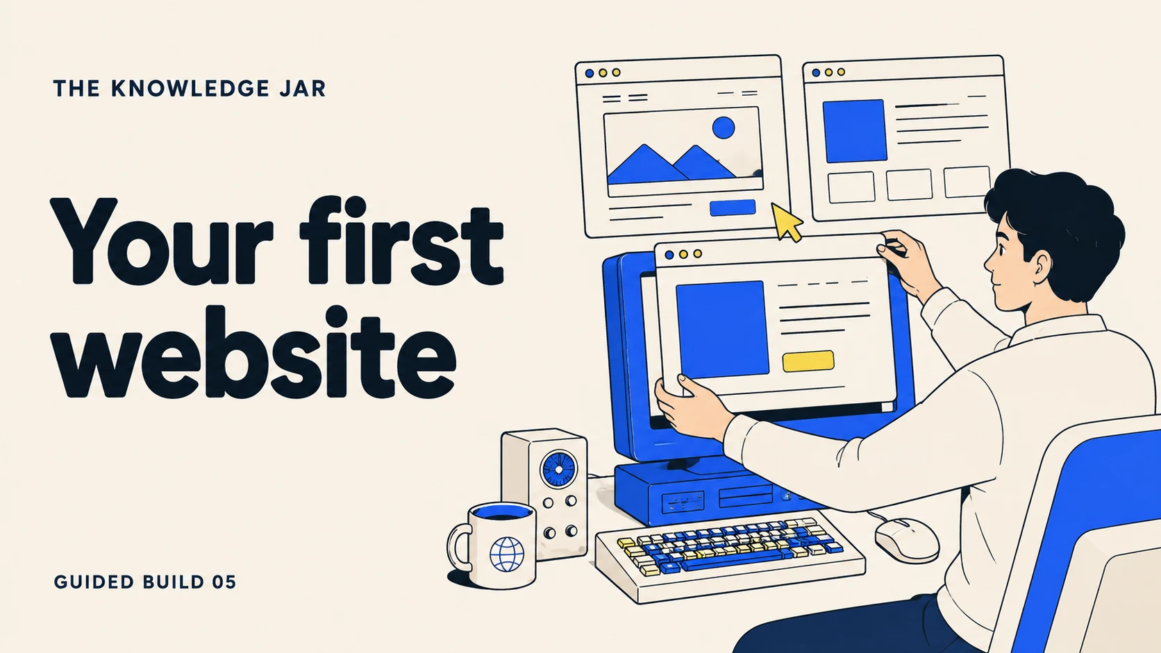 Your first website: illustrated retro-tech creator workspace