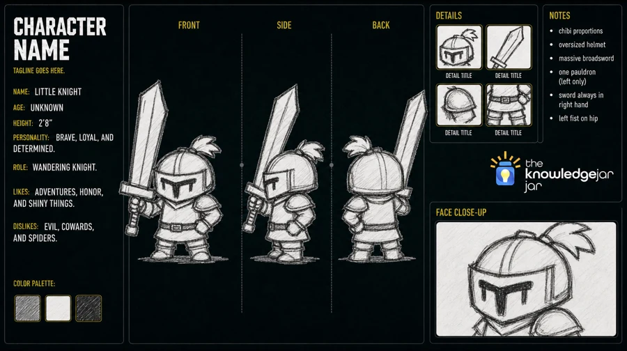 The knight character reference sheet used to plan the short film