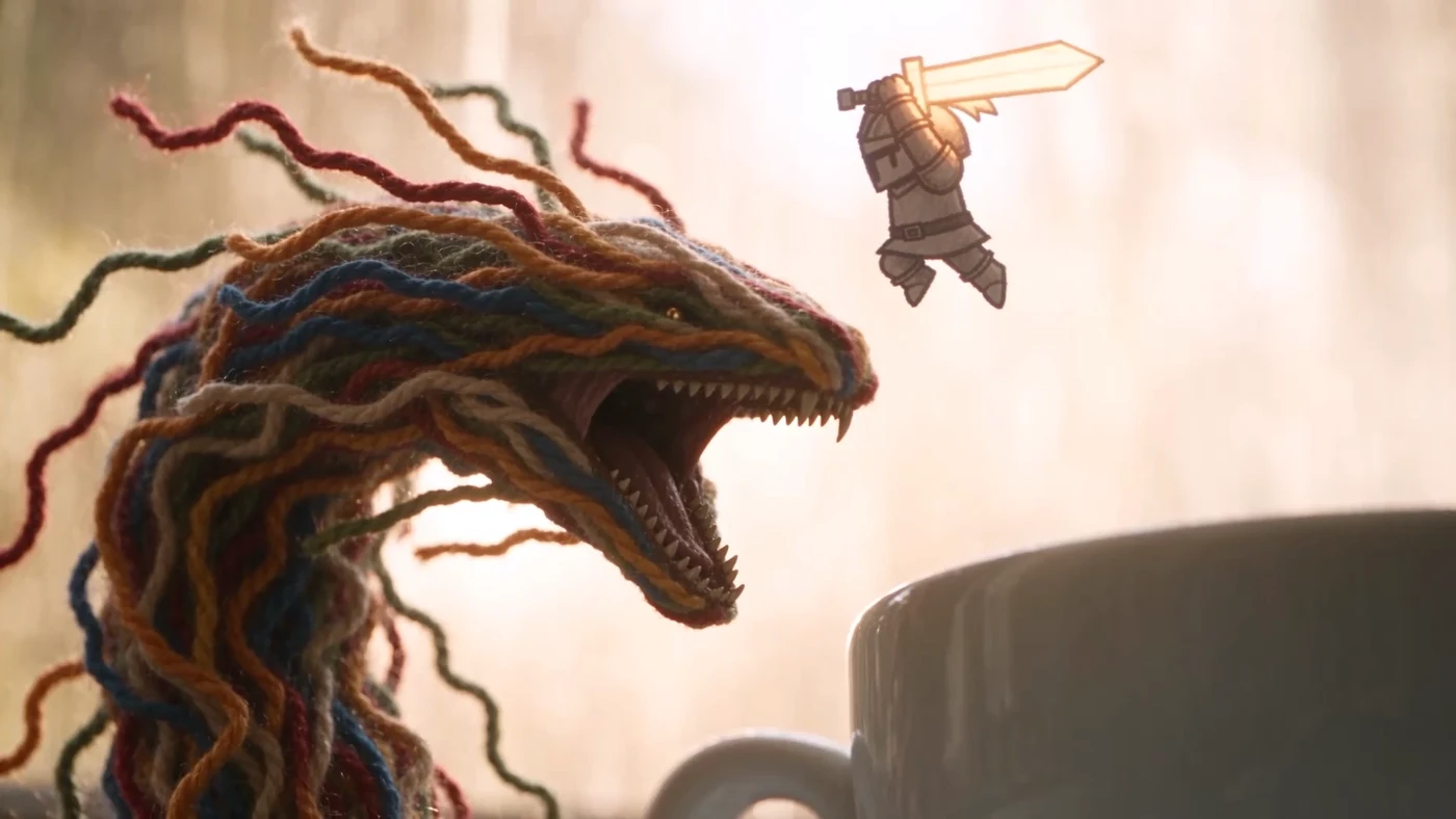 A tiny drawn knight raises a glowing sword toward a dragon made of yarn