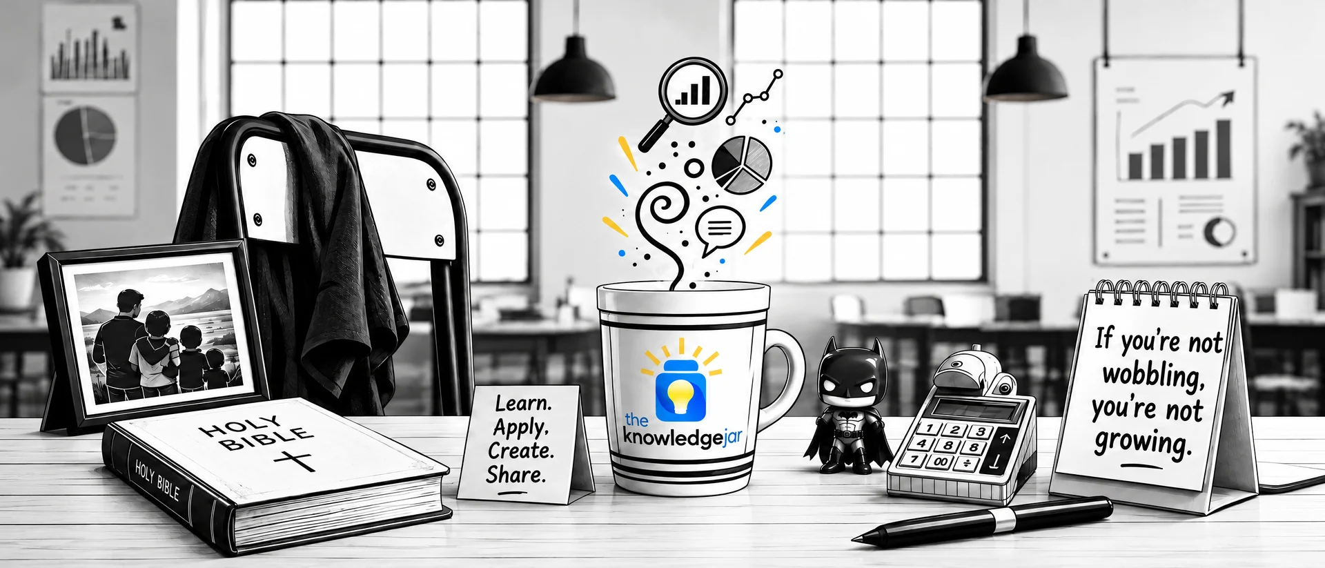 Victor's illustrated creative desk with a family picture, a Knowledge Jar mug, and notes reading Learn. Apply. Create. Share. and If you're not wobbling, you're not growing.