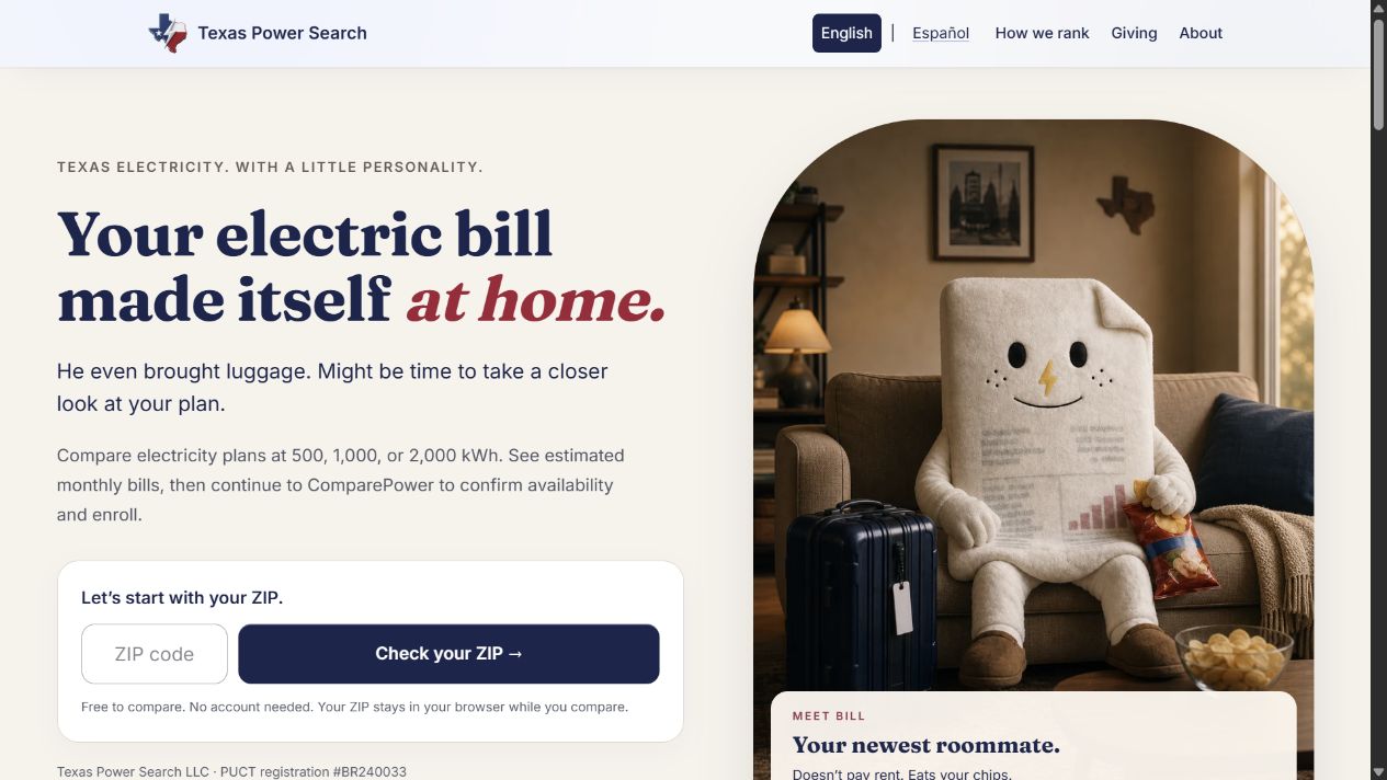 Texas Power Search: Your electric bill made itself at home, featuring Bill the mascot