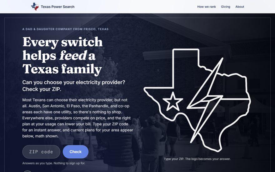 The live Texas Power Search homepage