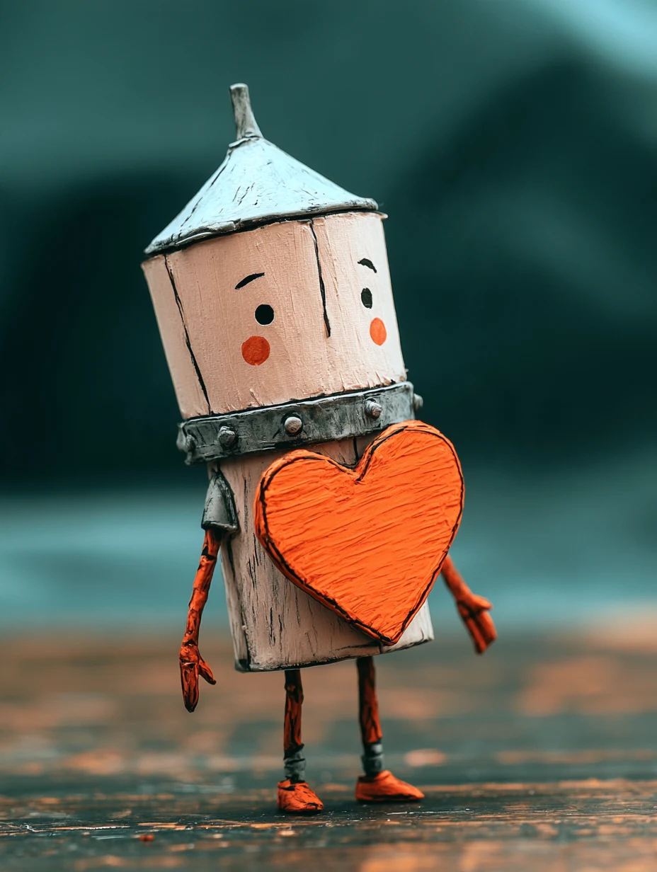 A handmade-style tin man with a bright orange heart, standing on a teal workbench